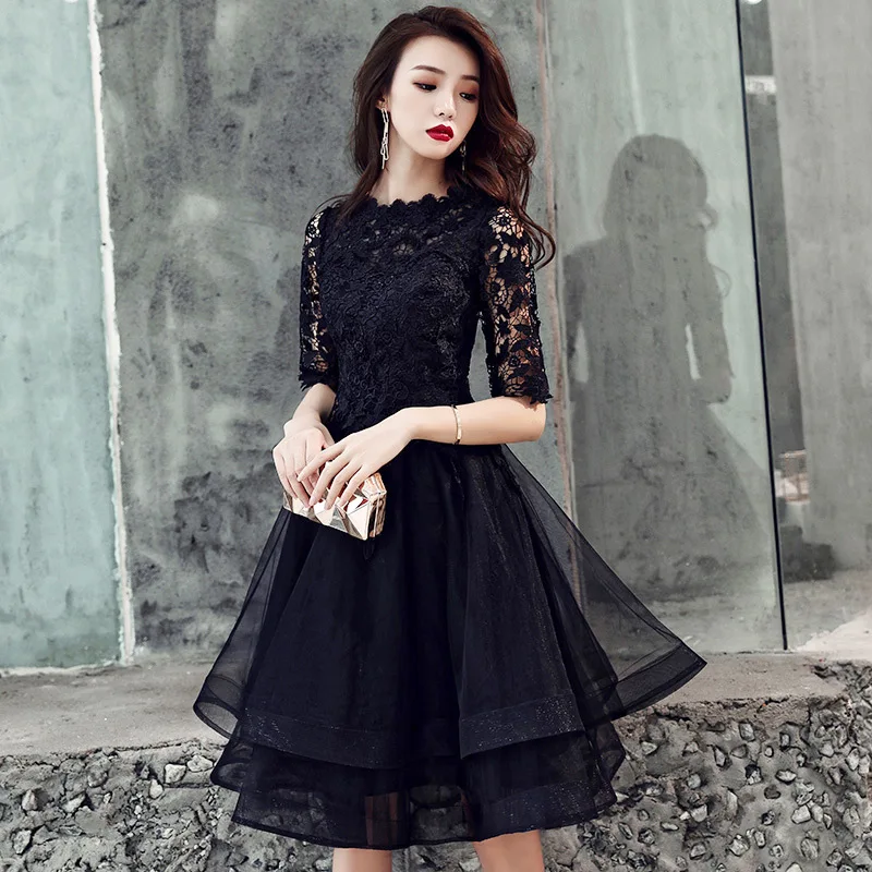 

Black Embroidery Special Occasion Dresses Fashion O-Neck Half Sleeves Pleat A-Line Knee-Length New Lady Formal Party Gown E1225