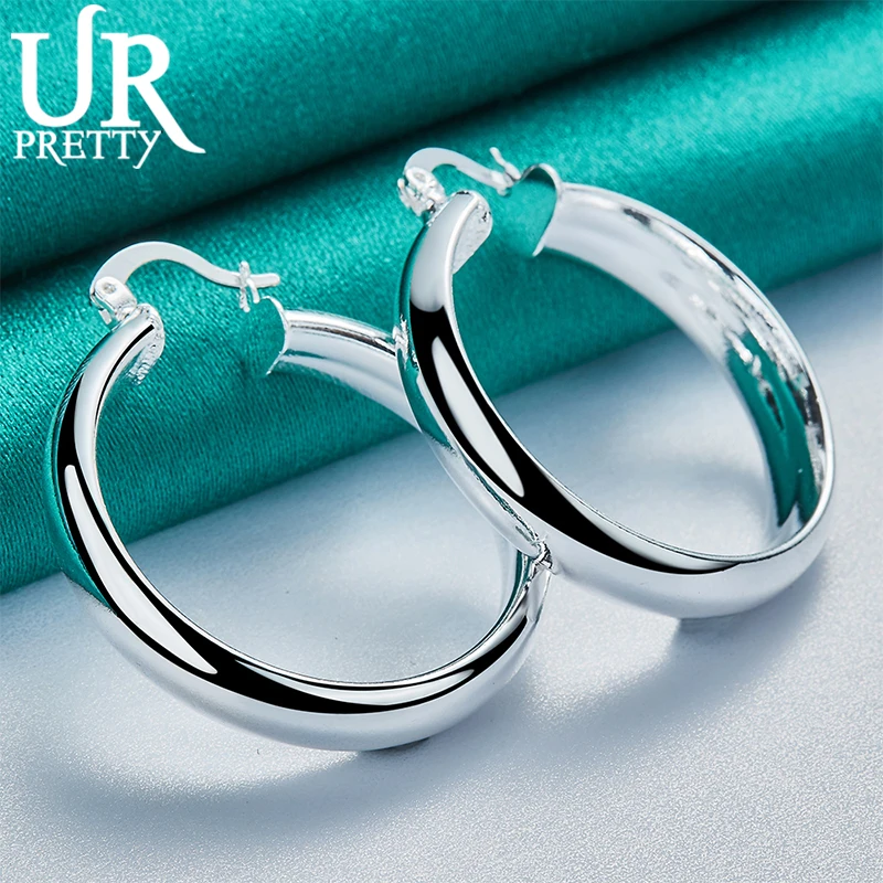 UPRETTY New 925 Sterling Silver 35mm Circle Hoop Earring For Women Lady Party Wedding Engagement Charm Jewelry Gift