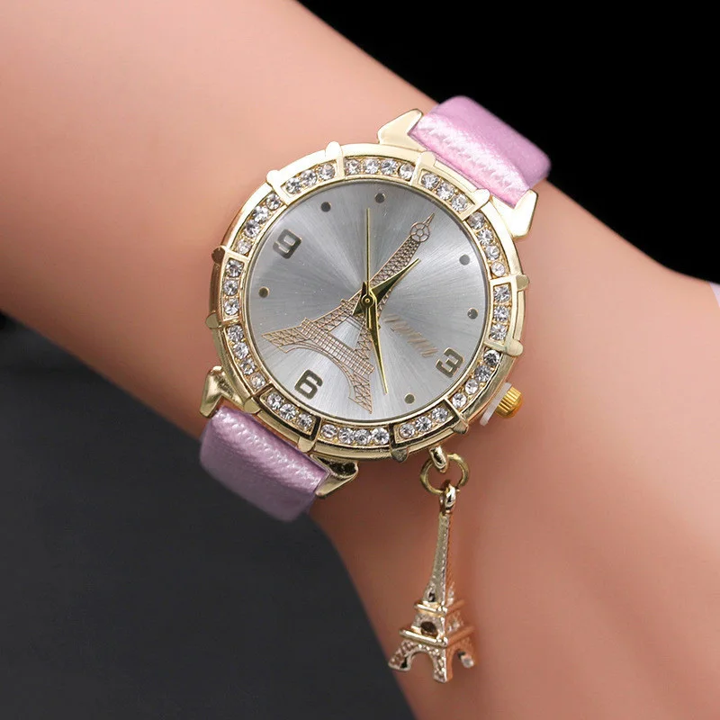 2020 Charm Watches Fashion Paris Eiffel Tower Watches Women Pink Leather Band Quartz Watches Clock Relogio Feminino Reloje Mujer