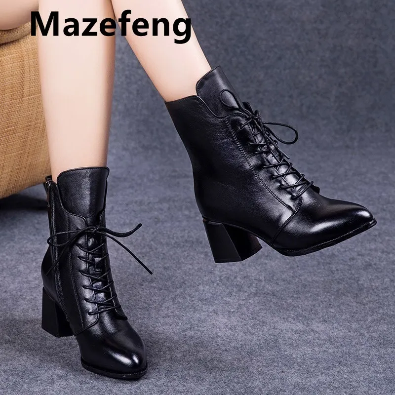 GOOHOJIO Boots Women Motorcycle Shoes Platforms Ankle Boots Wedges Female Lace Up Platforms Leather Oxford Shoe Woman High Heels