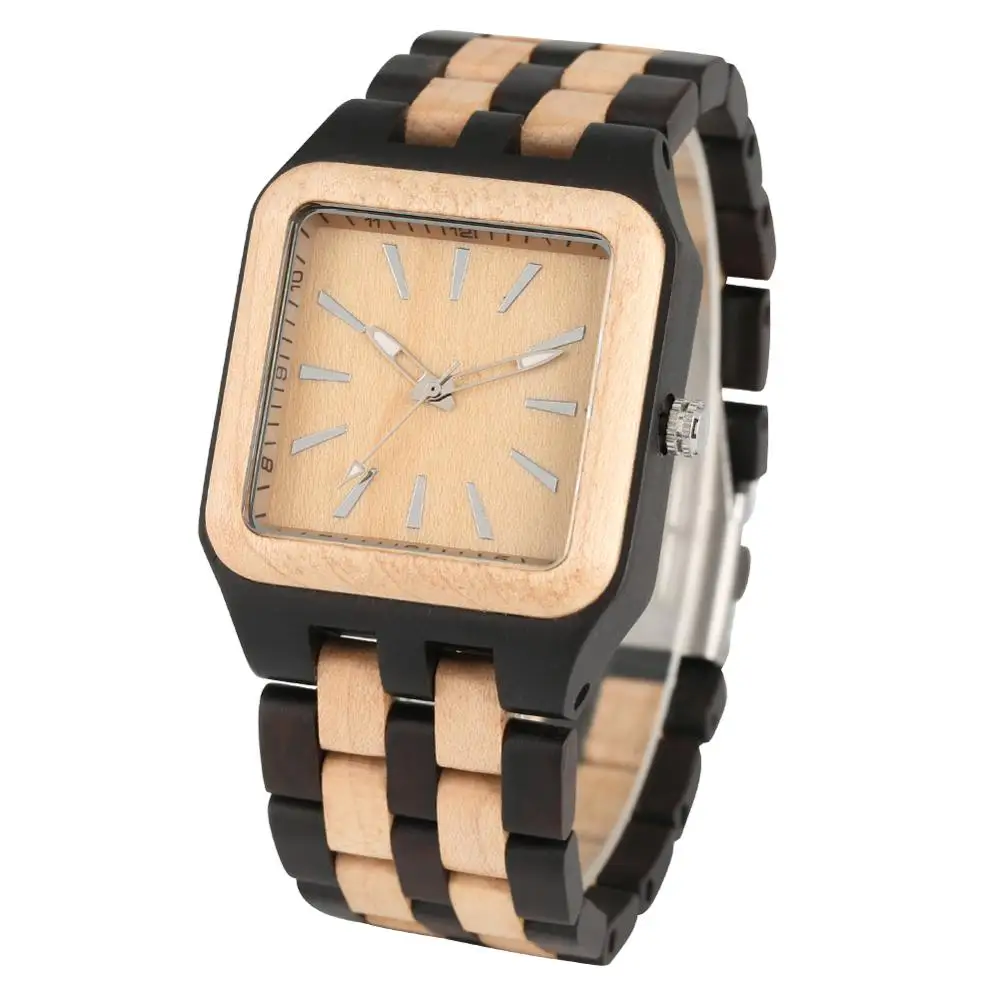 Men's Wooden Watches Luminous Pointers Lightweight Square Case Ebony Quartz Watch for Boyfriend