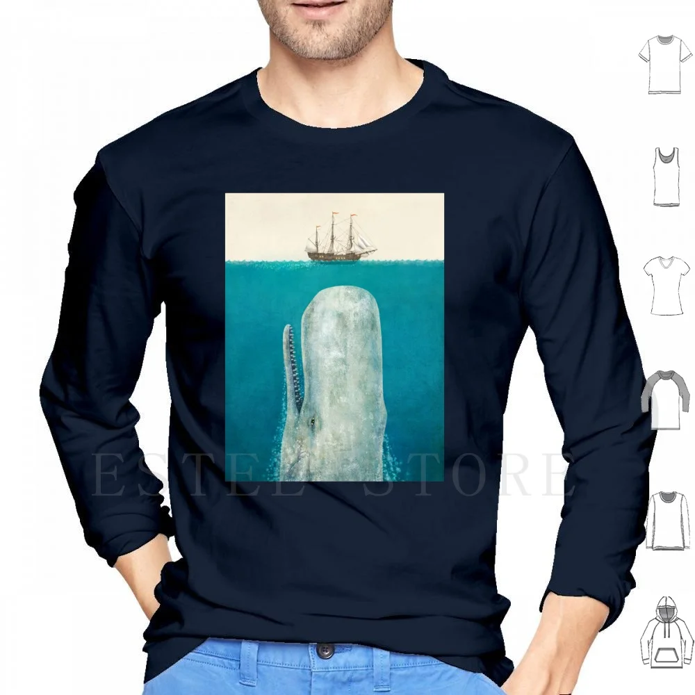 The Whale ( Option ) Hoodies Long Sleeve Whale Dick Herman Melville Ship Tall Ship Sea Ocean Whale Vintage Creme Blue