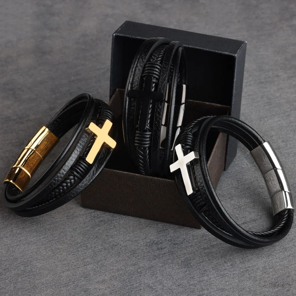 Cross Man\'s Bracelet Natural Stone Beads Genuine Leather Braided Stainless Steel 3 Adjustable Magnet Clasp Bangles For Men Gift