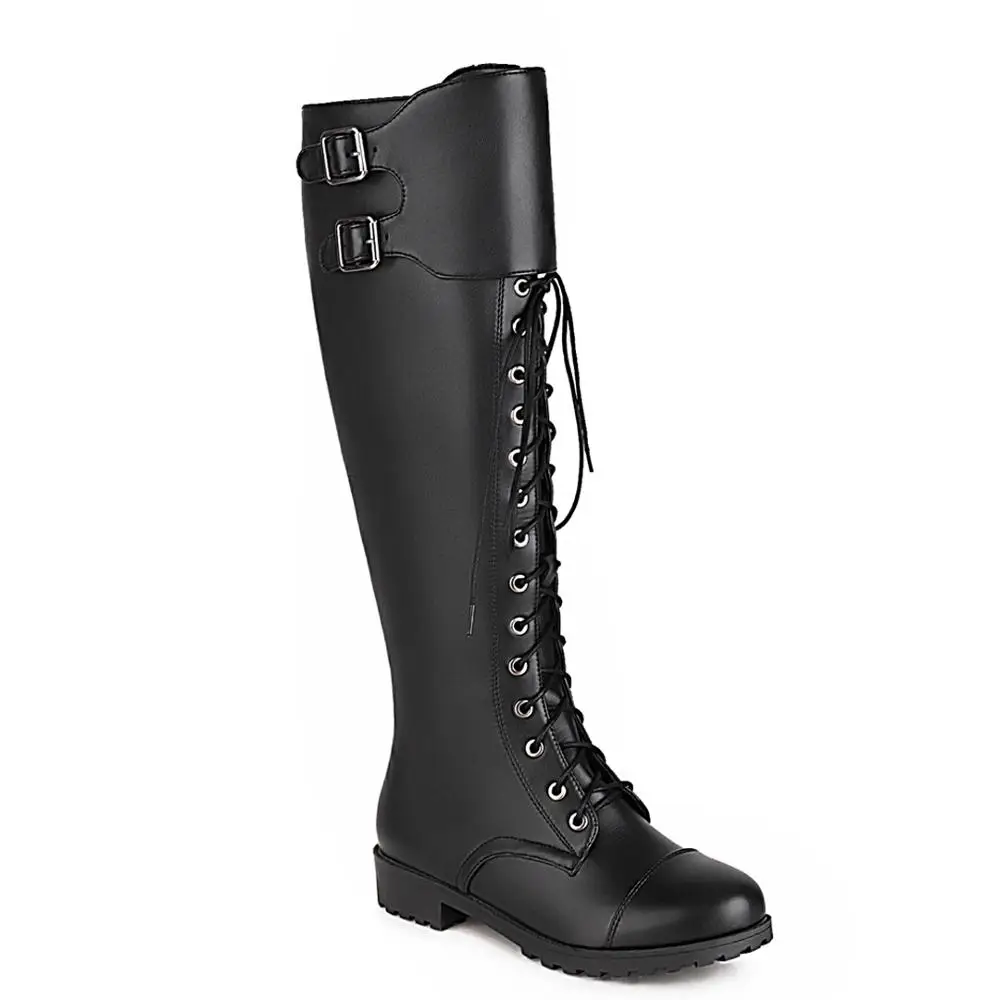 Round Toe Low-Heel Cross-Laced Double Belt Buckle Knee-Length Boots, Side Zipper PU Lace-Up Plush Motorcycle Boots