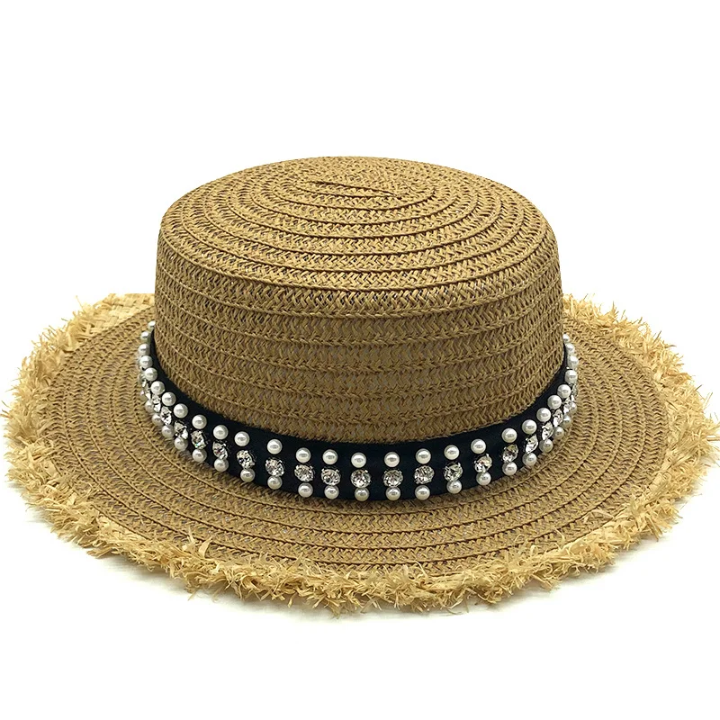 

New summer Flat sun hats for women chapeau feminino straw hat panama style cappelli Side with pearl Beach bucket cap girl topee