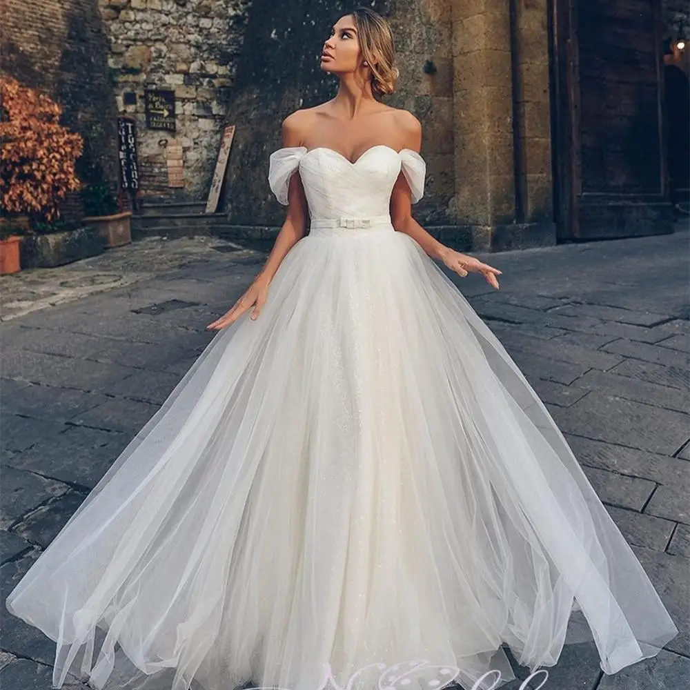 Robe De mariée ligne a avec ceinture, épaules dénudées, en Tulle brillant, pour femmes