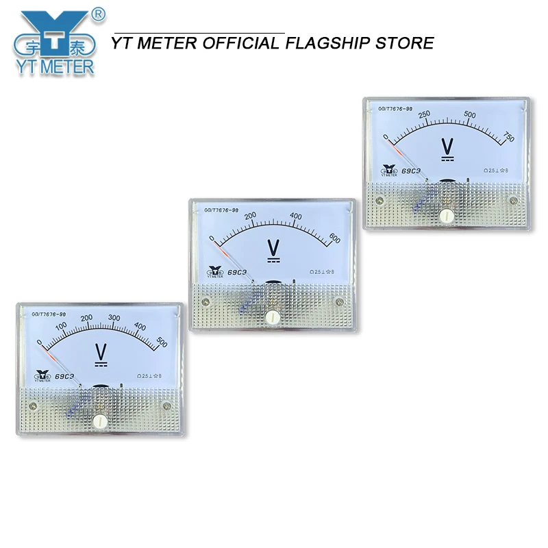 69c9 DC voltmeter 5V 10V 15V 20V 30V 50V 75V 100V 150V 200V 250V 300V 450V 500V 600V pointer 64 * 80mm voltage measurement