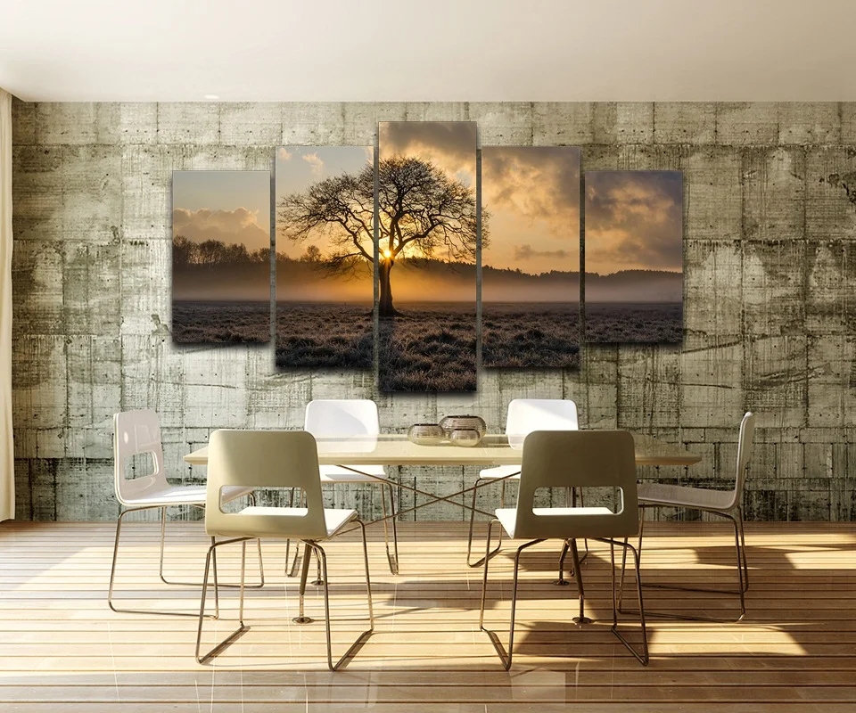 

5 Panel Poster Sunrise Tree Landscape Photo For Living Room Decor Canvas Painting Vintage Wall Art Framed Printed Pictures