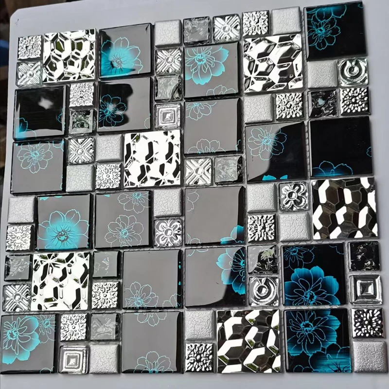 NEW Silver Metal Blue Flower Glass Mosaic Tiles, 11PCS, Kitchen Backsplash Living Room Fireplace Wall Brick Decoration Tiles