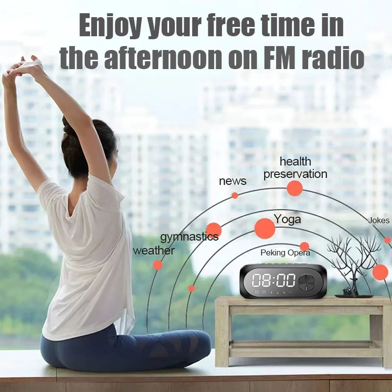 Receptor de Radio FM portátil, Altavoz Bluetooth, reproductor de música de sonido envolvente, luz LED nocturna con despertador, soporte de manos libres