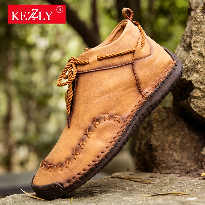 KEZZLY New men's outdoor casual boots, fashionable men's oversized shoes with zipper