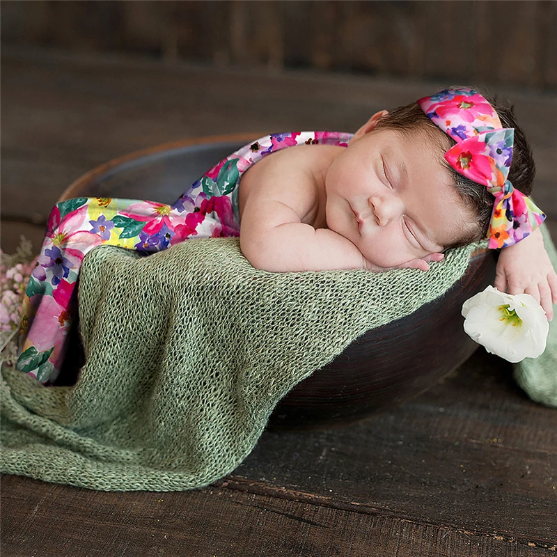 Floral Baby Wrap Photography Infant Wraps Swaddle With Headband Bebe Boy Girl Photo Blanket Soft Stretch Fabric