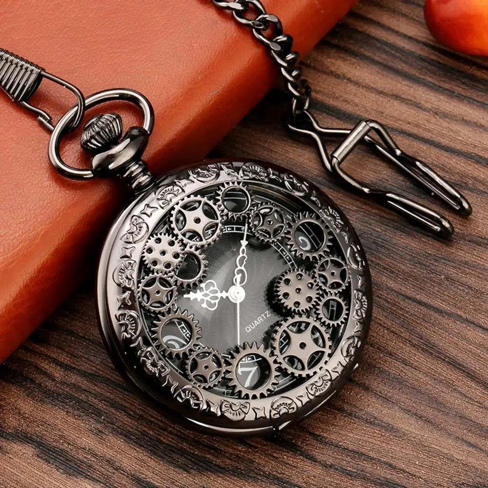 Antique Hollow Gear Quartz Pocket Watch Vintage Gold/Black/Silver Arabic Numerals Display Watches Antique Clock Gifts FOB Chain