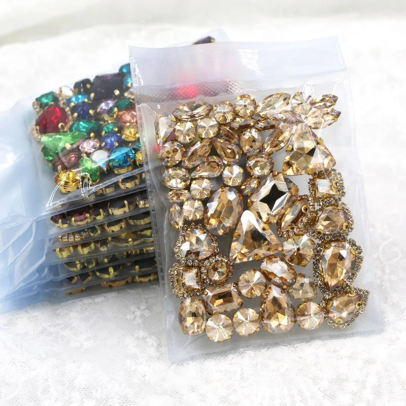 50pcs/Bag Shiny Champagne Mixed Shape Sew on Glass Rhinestone Gold Claw Crystal Buckle Diy Wedding Decoration Clothes/Shoe/Dress