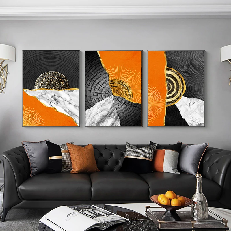 

Abstract Orange Canvas Print Painting Gold foil geometric color Poster Wall Art Pictures on Canvas Living Room Office Decor