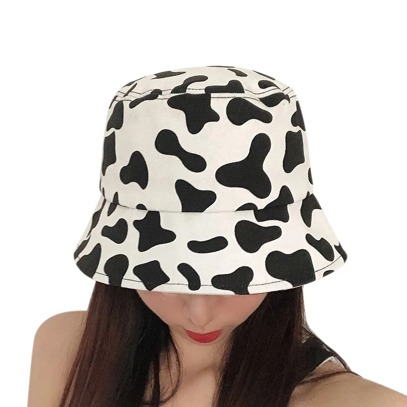 Women Cute Cow Fisherman Hat  Japanese Niche Female Wild Double-sided Sunshade Cotton Hat