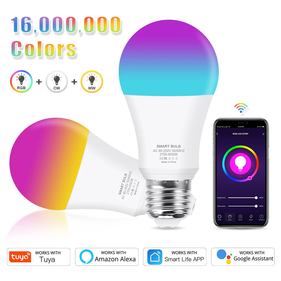 15W 18W WiFi Smart Light Bulb E26 E27 LED RGB Lamp Work with Alexa/Google Home Tuya Smart Life APP Dimmable RGB+White+Warm White