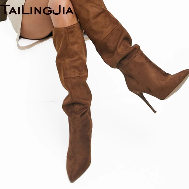 Brown Faux Suede Knee High Boots for Women Pointed Toe Stiletto High Heel Long Boot Lady Elegant Slip On Large Size Winter Shoes