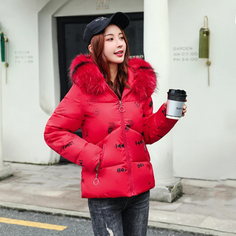 

Nice winter women short jacket with zipper slim plus size hooded woman parkas printing thick fur collar casual overcoat female