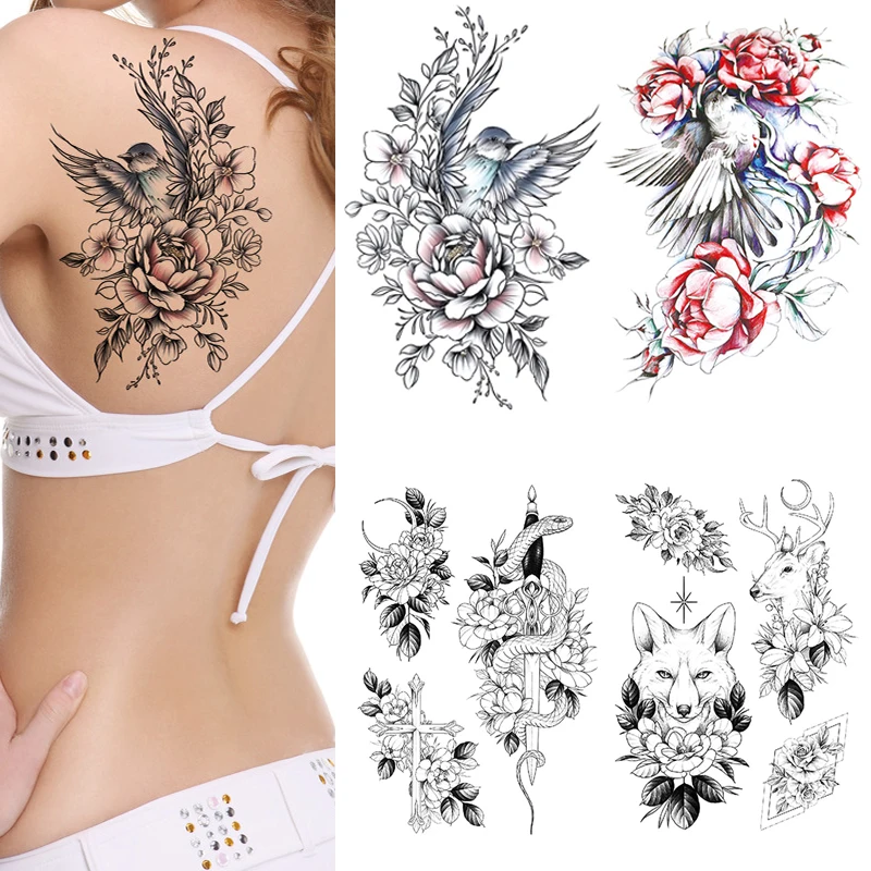 1Pc Beauty Women Black Flower Snake Waterproof Temporary Tattoo Girl Cool Body Art Sleeve DIY Glitter Arm Flash Exotic