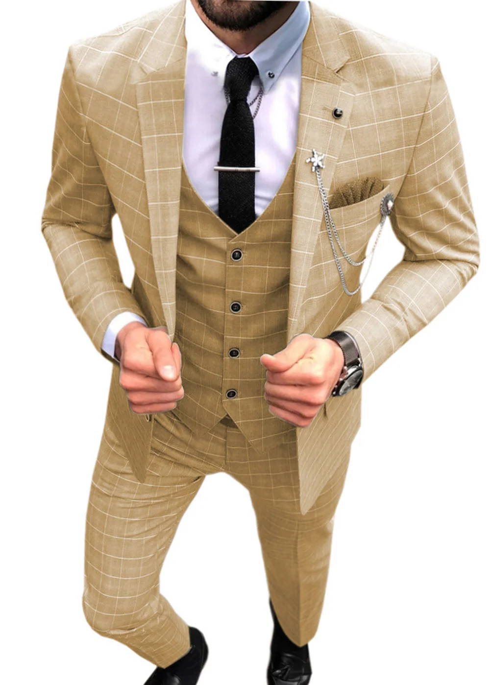 Men\'s Suit 3 Piece Plaid Formal Business Notched Lapel V Neck Tuxedos Groomsmen for Wedding Suits Men 2022 (Blazer,Vest & Pants)