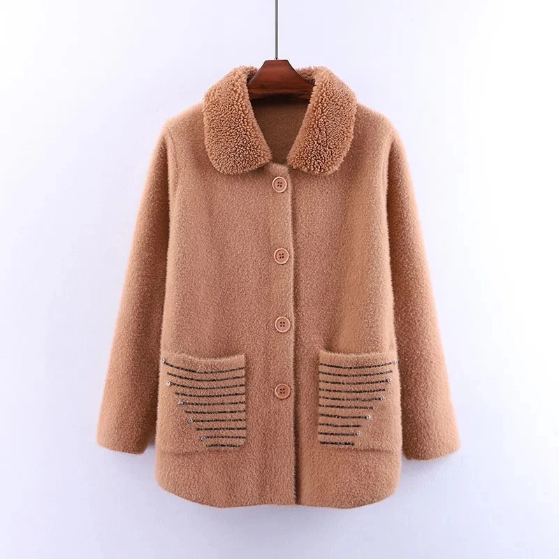 Imitation Mink Velvet Thick Coat Women\'s Autumn Winter Jacket Heavy Industry Diamond Mother\'s Vintage 6XL Woolen Coat 1130