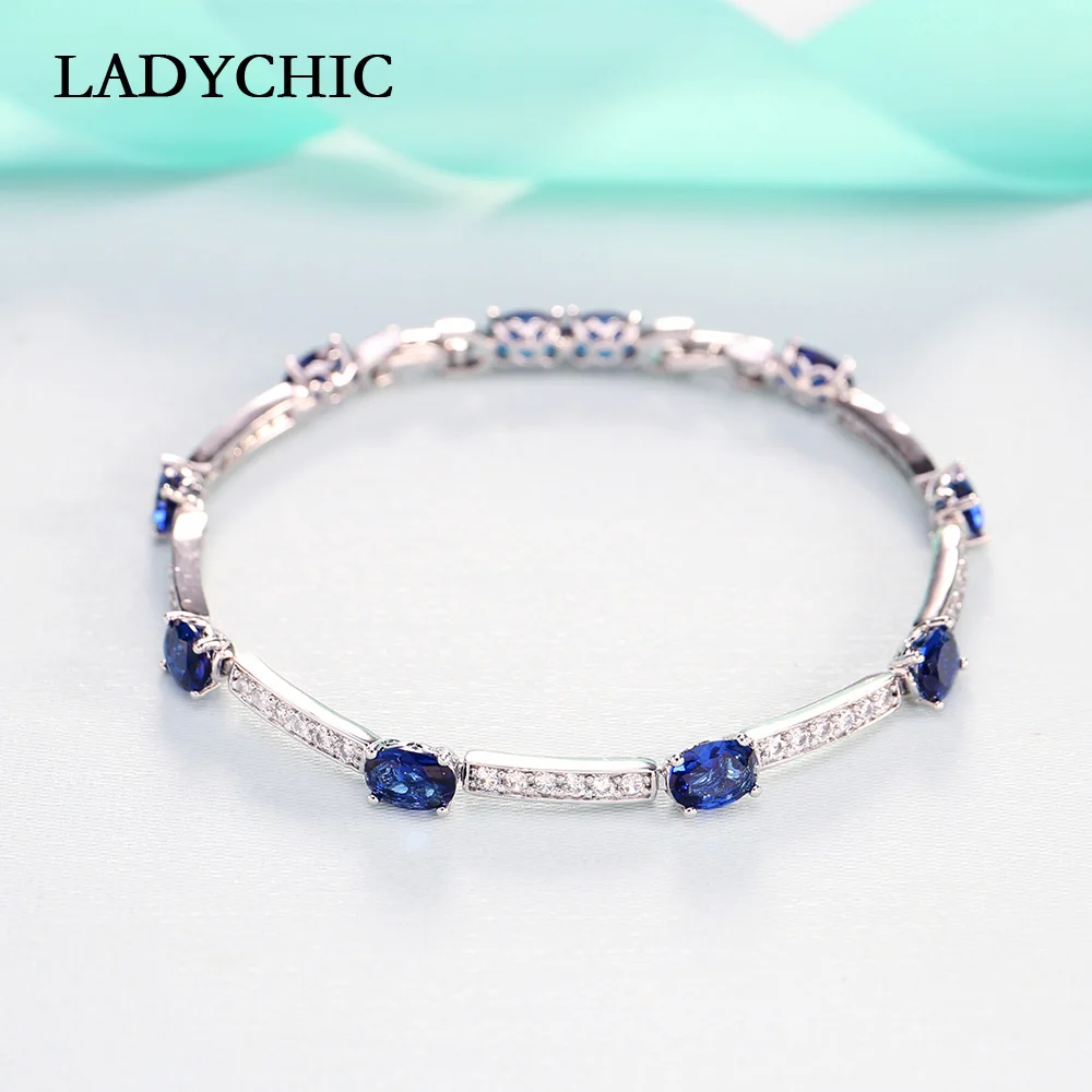 LADYCHIC Luxury Blue Green Oval Zircon Silver Color Bracelets Charming Crystal Bride Wedding Jewelry Women Fashion Bangle LB1001