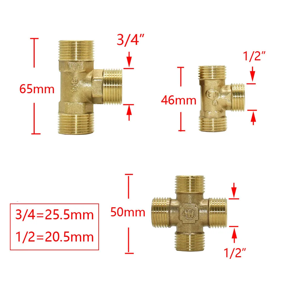T-Shaped 1/2 3/4 Inch Copper Metal Threaded Water Pipe Connector Brass 1/2 3/4 Male Female Tee Connectors Cross Water Splitter