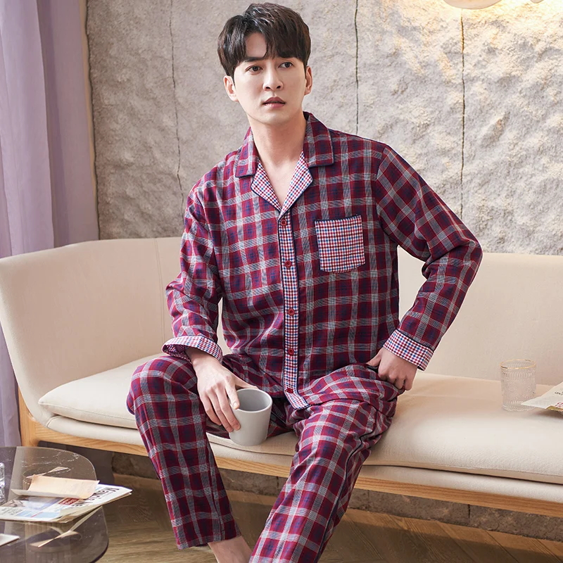 Men Plaid Splice Nightwear Autumn Woven Cotton Long Sleeve High Quality Pajamas Casual Cardigan Homewear Big Yards Pijama Hombre