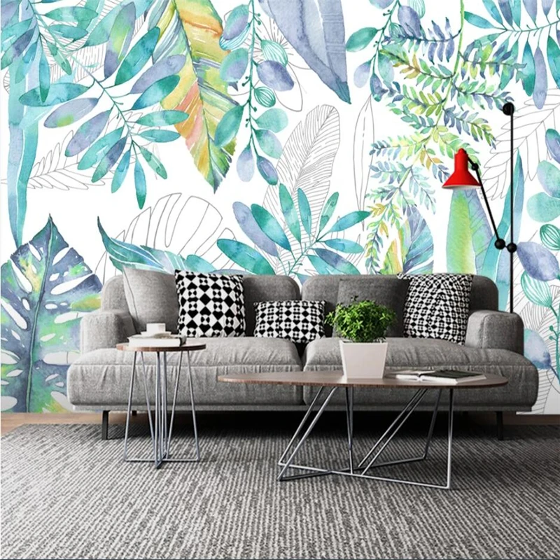 home decoratio Customized 3d wallpaper Nordic hand-painted small fresh tropical plants leaves flowers and birds background mural