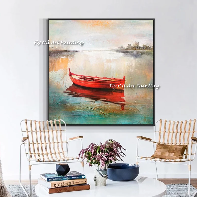 

The Sunny Red Ship River View 100% Handmade Oil Painting Posters Wall Pictures for Living Room Decoration Graph Christmas Gift