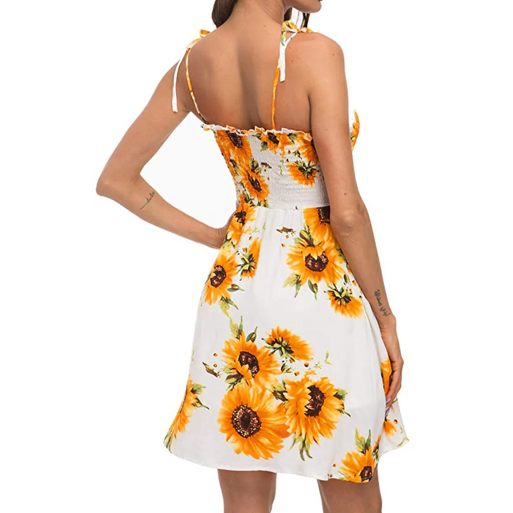 Stylish Bar 2020 Summer Sunflower Party Dress Women Camis Flora Printed Beach Dress Female Backless Mini Dresses Ladies Vestidos