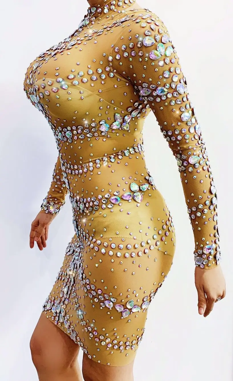 

Stage costume Red gold Rhinestone Dresses female singer Dj host gogo red mesh transparent skirt evening dress