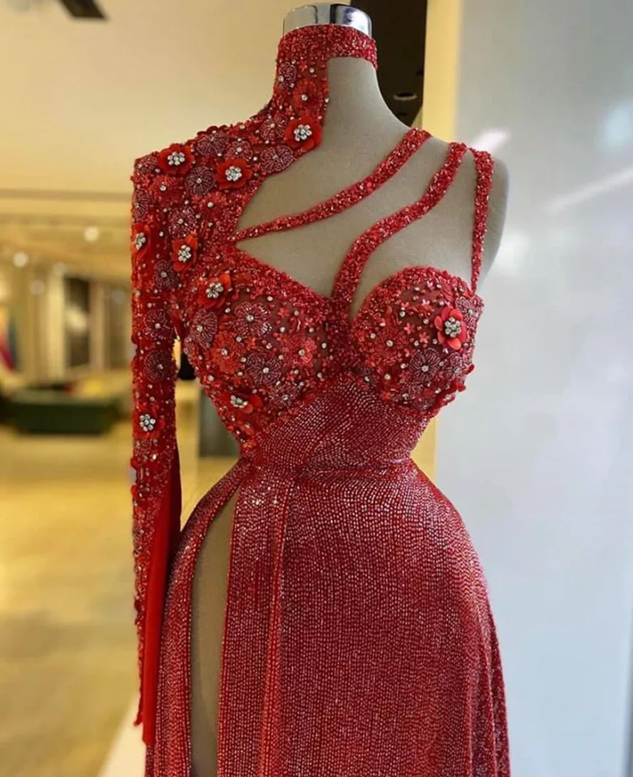 Robe de Rhdroite fendue sur le côté haut rouge sexy, une initiée, cristal brillant perlé, longue, quelle que soit la fleur à paillettes, occasion formelle