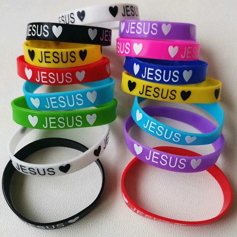 20PCS Lots Jesus Silicone Bracelets Devout Christian Church Prayer Rubber Band Night Glow Mix Color Hand Wristband Brand Jewelri