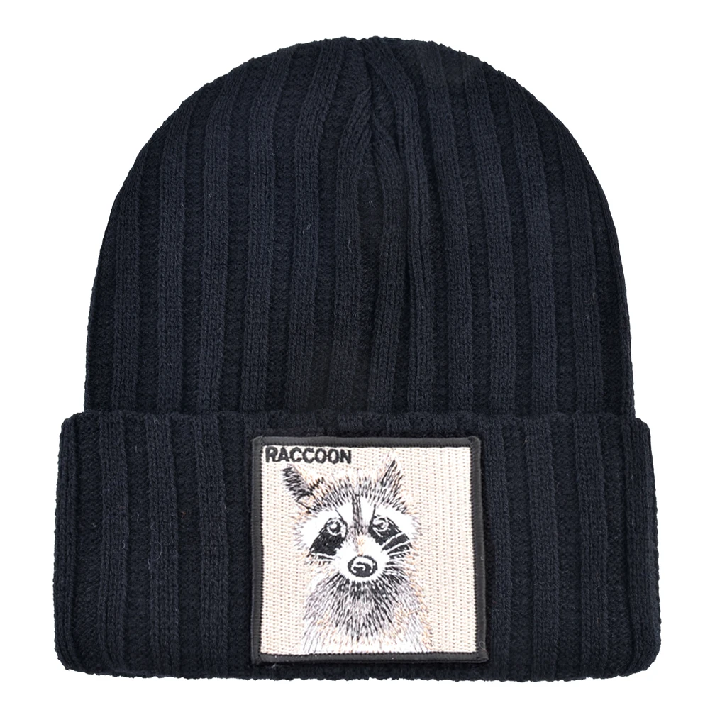 Embroidered Raccoon patch hats for men Knitted wool Beanies Women Winter keep Warm SKullies Beanie Outdoor Ski caps Hip Hop cap