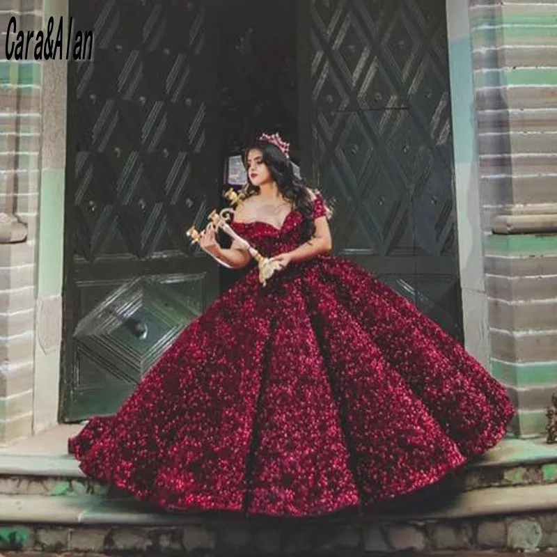 Vestido De quinceañera De color burdeos, traje De princesa con lentejuelas, hombros descubiertos, manga corta, 16