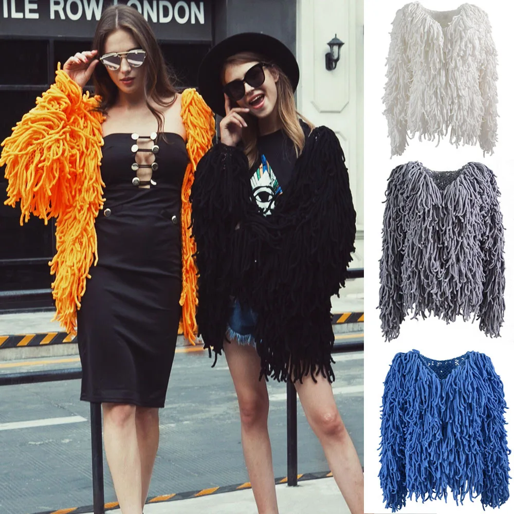 Woman woven Coarse wool jacket Long Tassels Knitted Fringed Jacket Crocheted Hollow Cardigan Long Wool tassels Coat Knit Tops