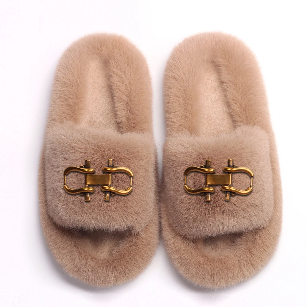 Fashion Slippers Women Buckle Decor Furry Slides Ladies Fluffy Flip Flops Luxury Designer Fur Sandals Cute Slippers Casual Shoes