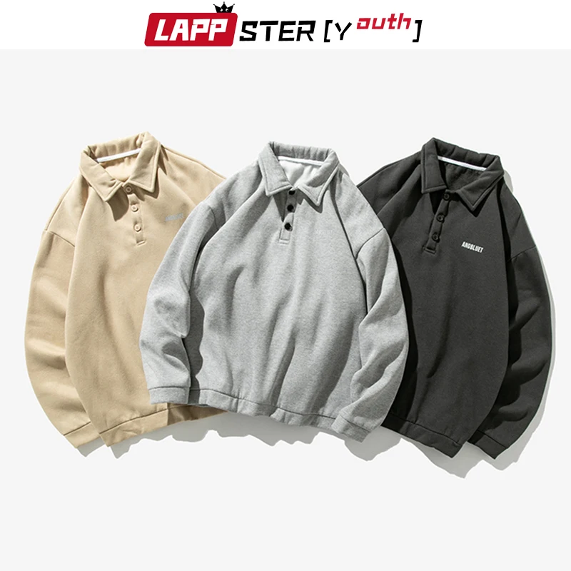 LAPPSTER-Youth Men Solid Korean Harajuku Patchwork Hoodies 2023 Autumn Pullover Casual Sweatshirts Turndown Collar Clothing