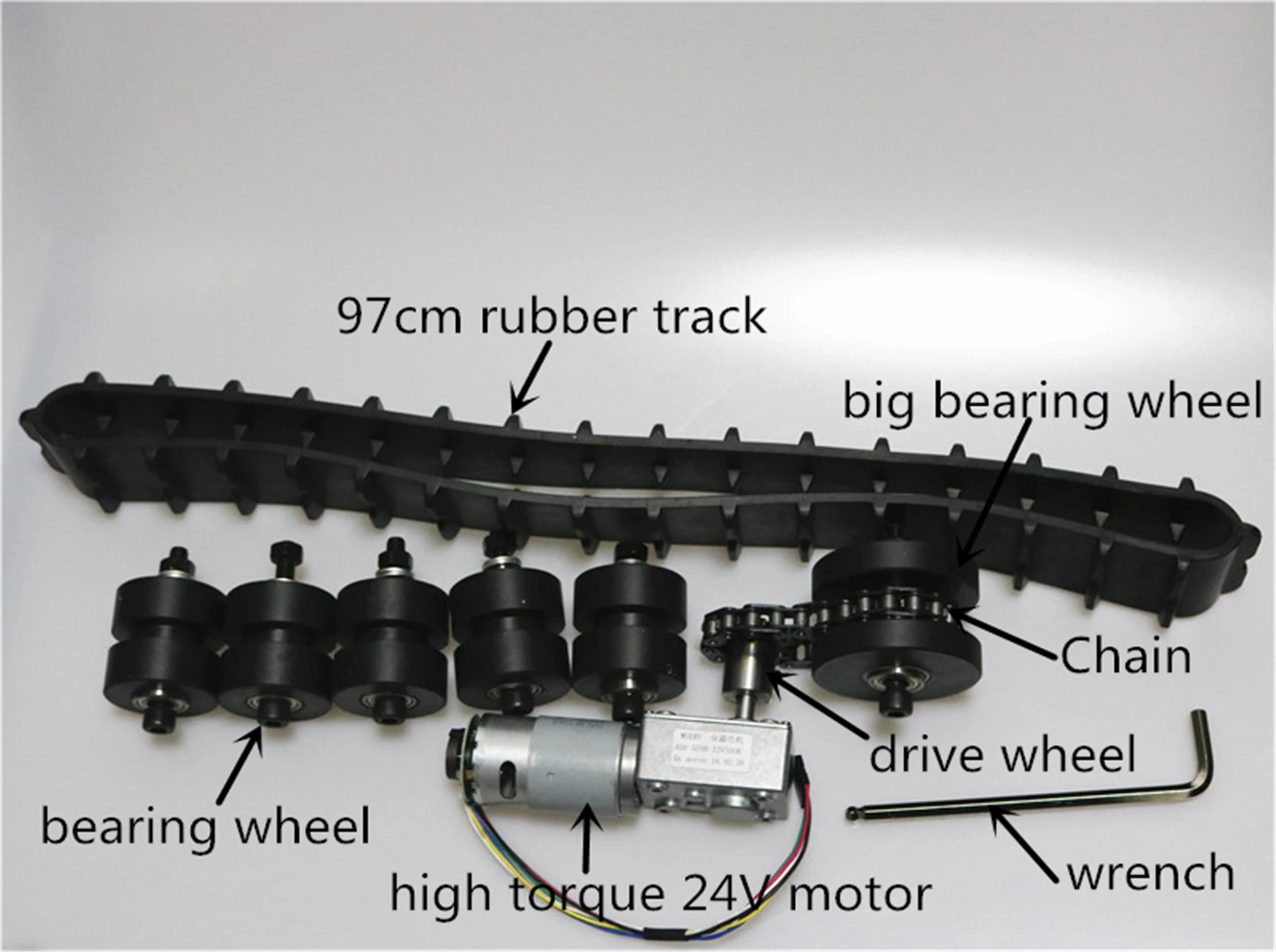 97cm Rubber Track+ A58SW-555 High Torque DC Motor+ Steel Drive Wheel+ Metal Brearing Wheel+ Chain Kit For Large Tank Chassis DIY