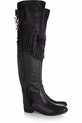 

Women Black Flat Tassel Over Knee High Boots Fringe Ladies Winter Botas Low Block Heel Thigh High Boots Wholesale Plus Size 46