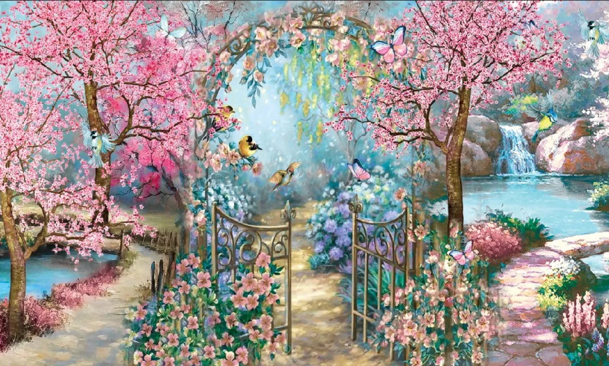 

Cherry Blossoms Bird Butterfly Garden Door Park Landscape backdrop High quality Computer print wedding background