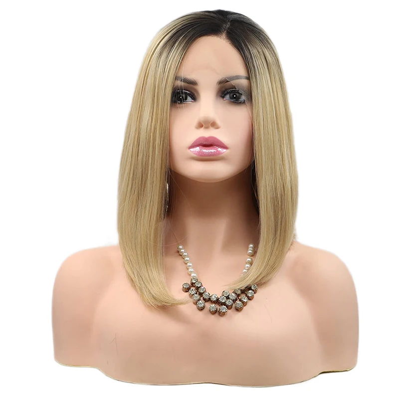 Short Bob Wig Ombre Blonde Side Part Heat Resistant Synthetic Lace Front Wigs for Women Dark Root Blonde Short Haircut Hand Tied