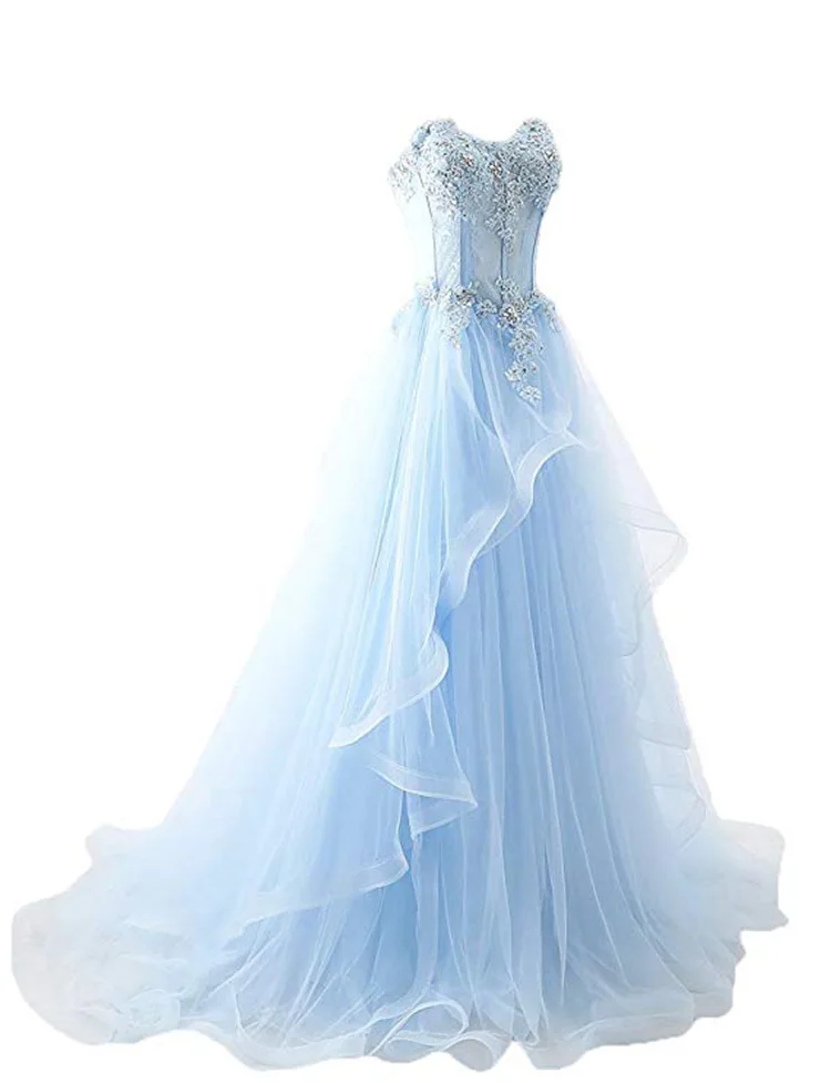 Sky Blue 2025 Sweetheart Illusion Evening Dresses Appliques Beading Dubai Saudi Arabic Long Prom Party Gown vestidos de longo