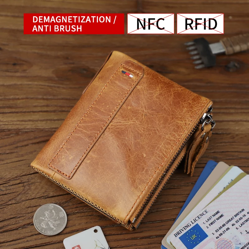 Portable Men Wallet Genuine Leather Anti NFC & RFID Male Wallet Storage Credit Card Holder Photo Slot Coin Zipper Purse