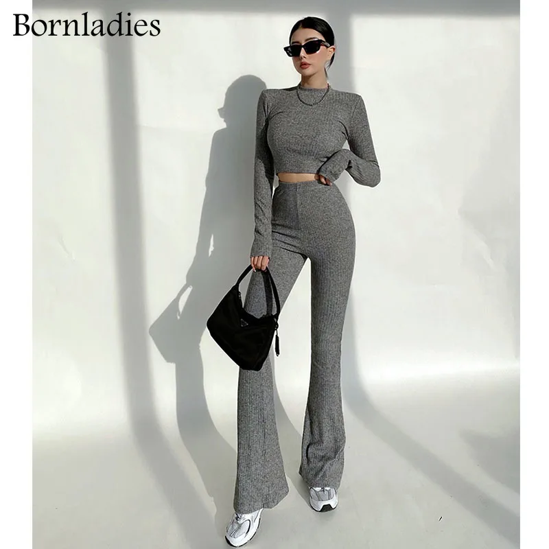 Bornladies 2022 Slim Sweater Tracksuits Short Jumpers & Elastic Waist Full Length Flare Pants Female Skinny Knitted 2 Pieces Set