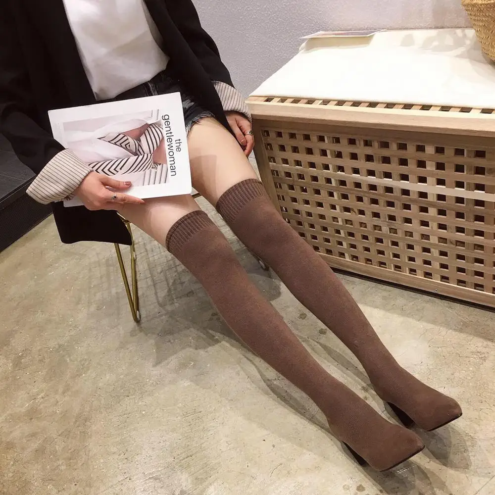 Women Sock Boots Over The Knee Pointed Toe Elastic Fabric Boots Woman Slip On Thick High Heels Stretch Boots Woman Black Brown