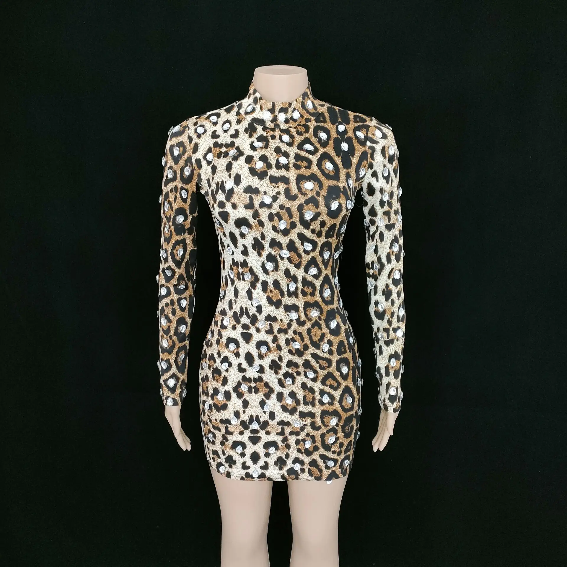 Leopard Print Rhinestones Stretch Dress Nightclub Women Fashion Sexy Birthday Prom Evening Party Bar Singer Dancer Costume