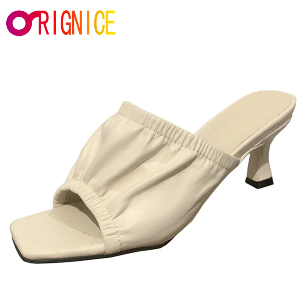 

Orignice New Design Pleated Square Toe Mid Heel Slippers Women Sandals Fashion Simple Slip On Slides Summer Daily Life Shoes